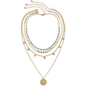 Gold Layered Turquoise Necklace for Women Multi Boho Long Necklace Bohemian Coin
